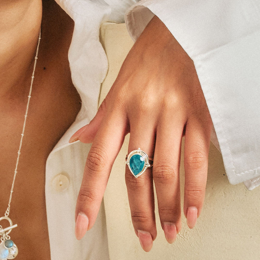 Teardrop Fluorite Ring in Sterling Silver with Ball Accents