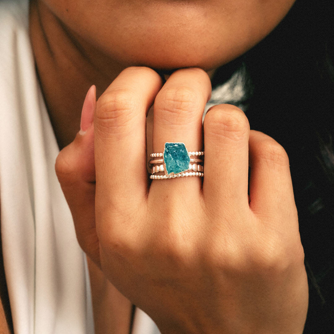 Raw Apatite Ring Set with 3 Sterling Silver Stacking Bands