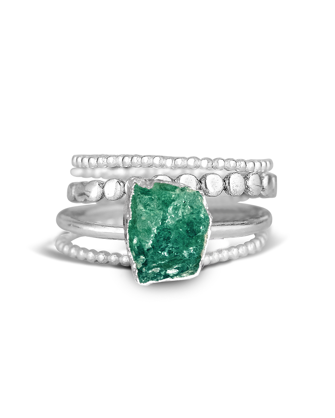 Raw Green Aventurine Sterling Silver Stackable Ring Set, 4 Pieces