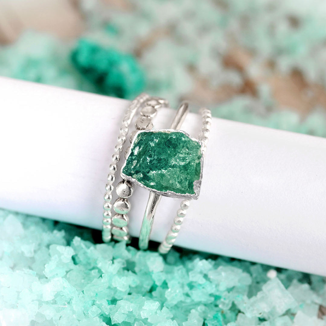 Raw Green Aventurine Sterling Silver Stackable Ring Set, 4 Pieces