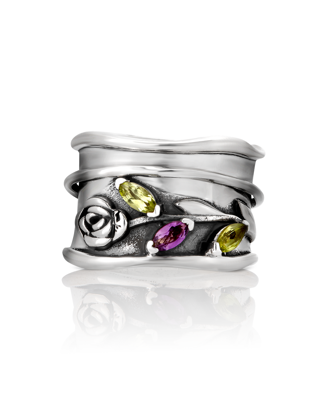 Rose Flower Spinner Ring with Amethyst and Peridot Accents in Sterling Silver
