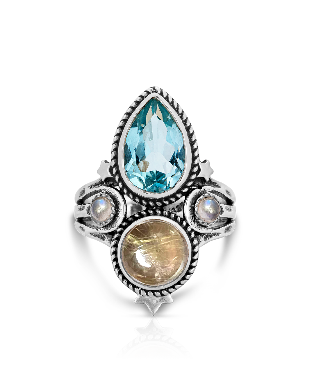 Celestial Crescent Moon Blue Topaz Ring with Rutilated Quartz Accents