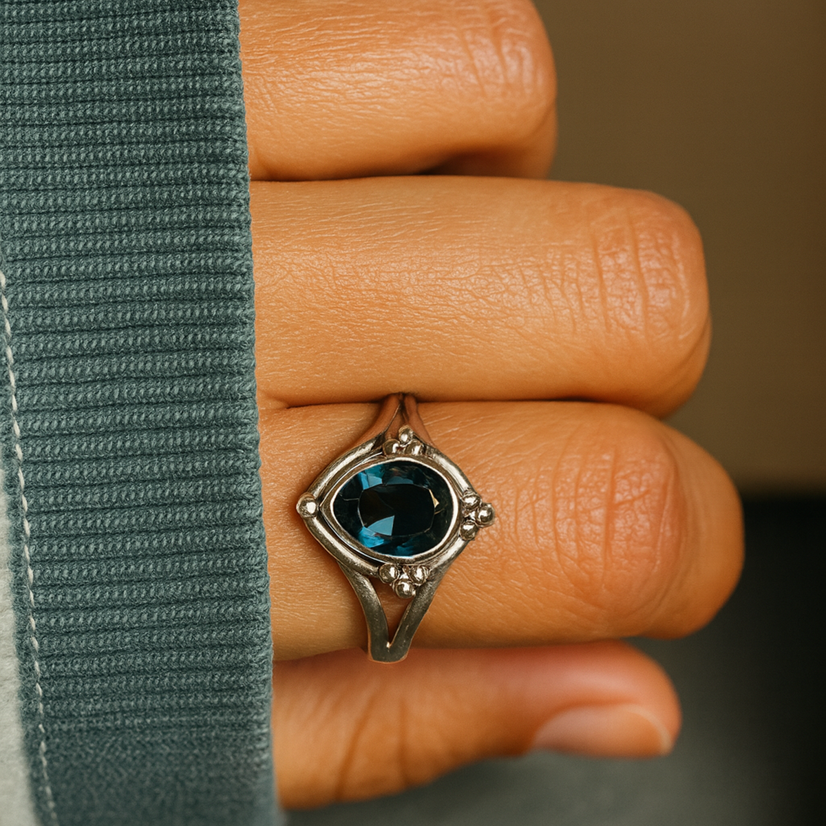 Teardrop Blue Topaz Ring with Split-Shank Band