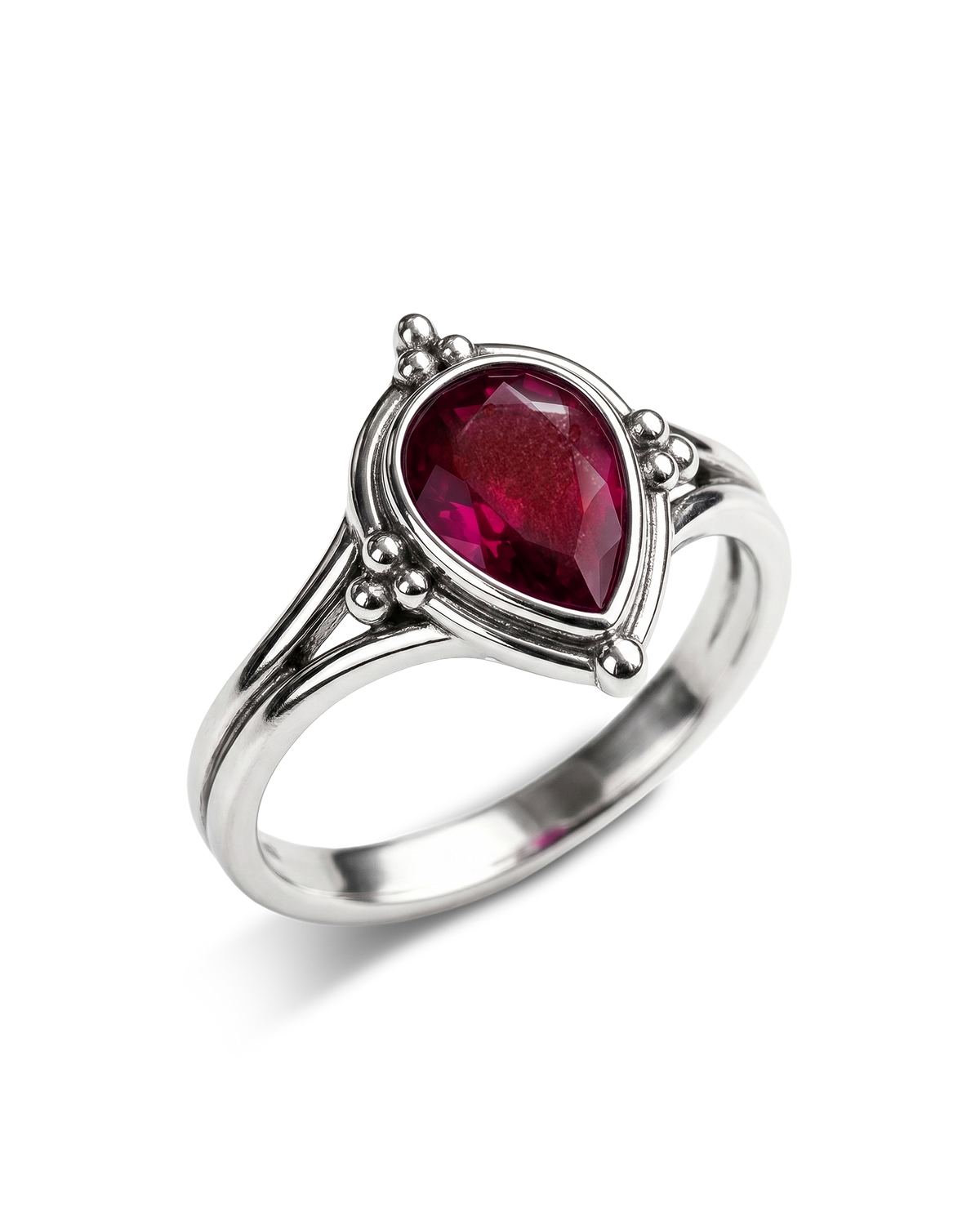 Pear-Shaped Ruby Ring with Beaded Split Shank