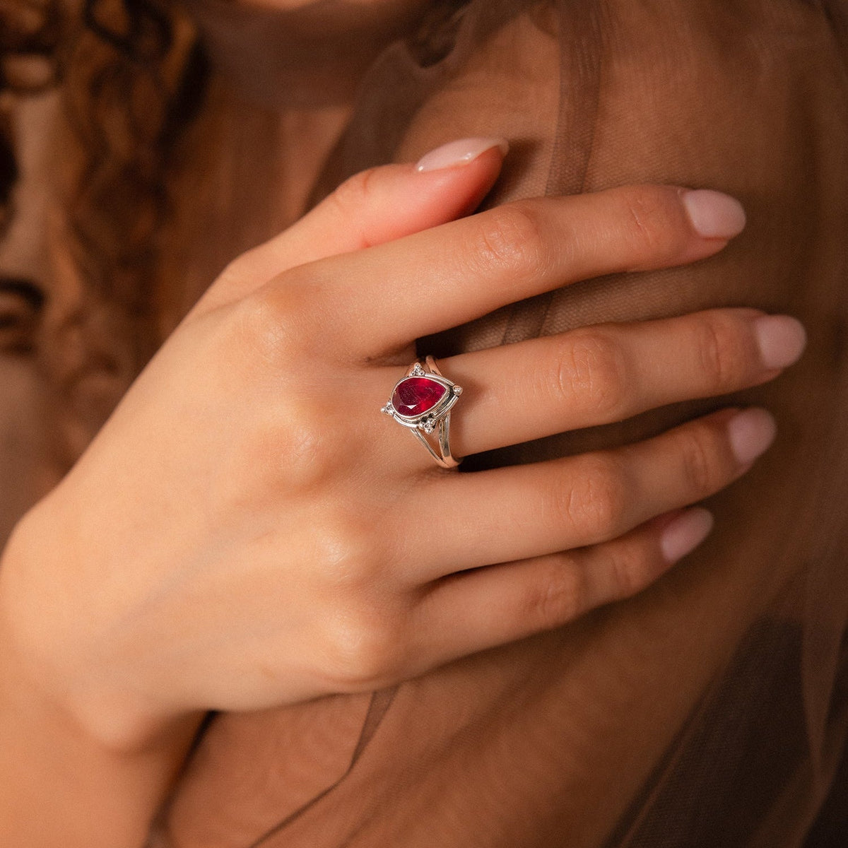 Pear-Shaped Ruby Ring with Beaded Split Shank