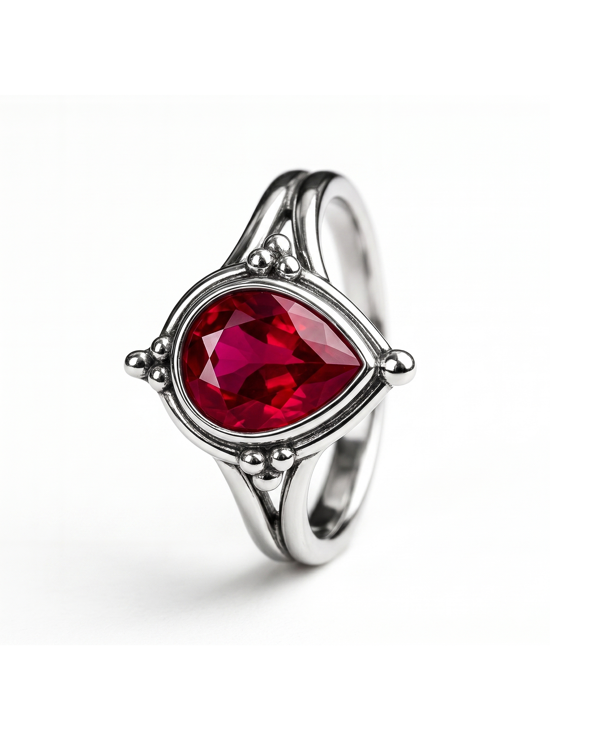Pear-Shaped Ruby Ring with Beaded Split Shank
