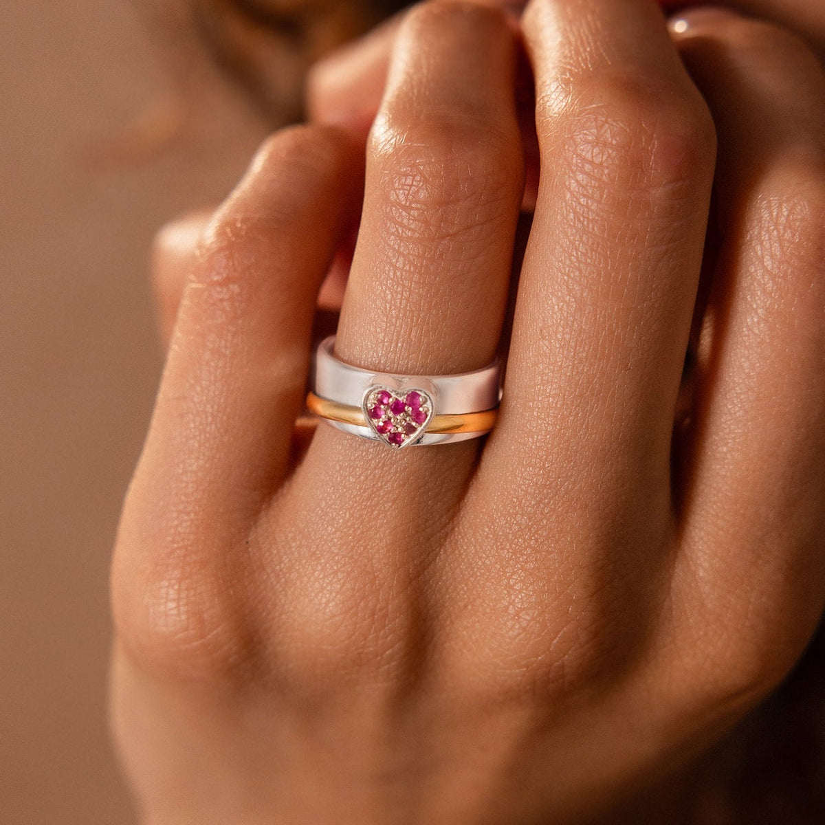Heart-Shaped Ruby Fidget Ring with Spinning Gold-Tone Band and Sterling Silver Setting