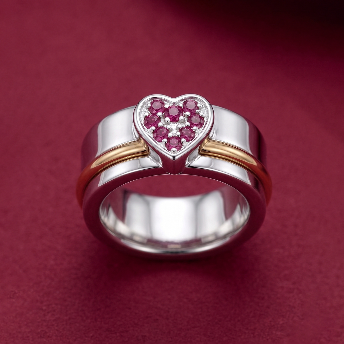 Heart-Shaped Ruby Fidget Ring with Spinning Gold-Tone Band and Sterling Silver Setting