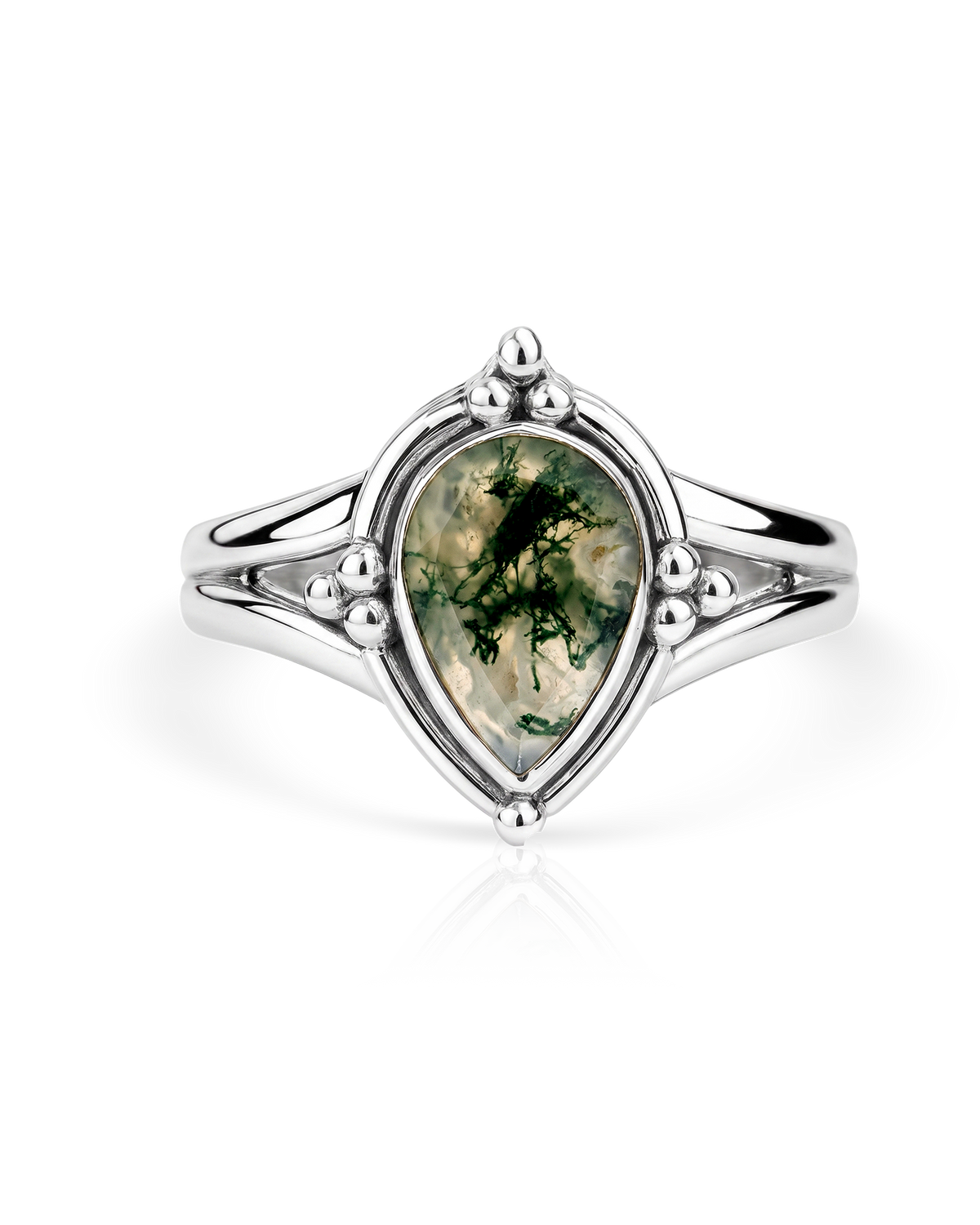 Teardrop Moss Agate Ring with Beaded Silver Split-Shank Setting
