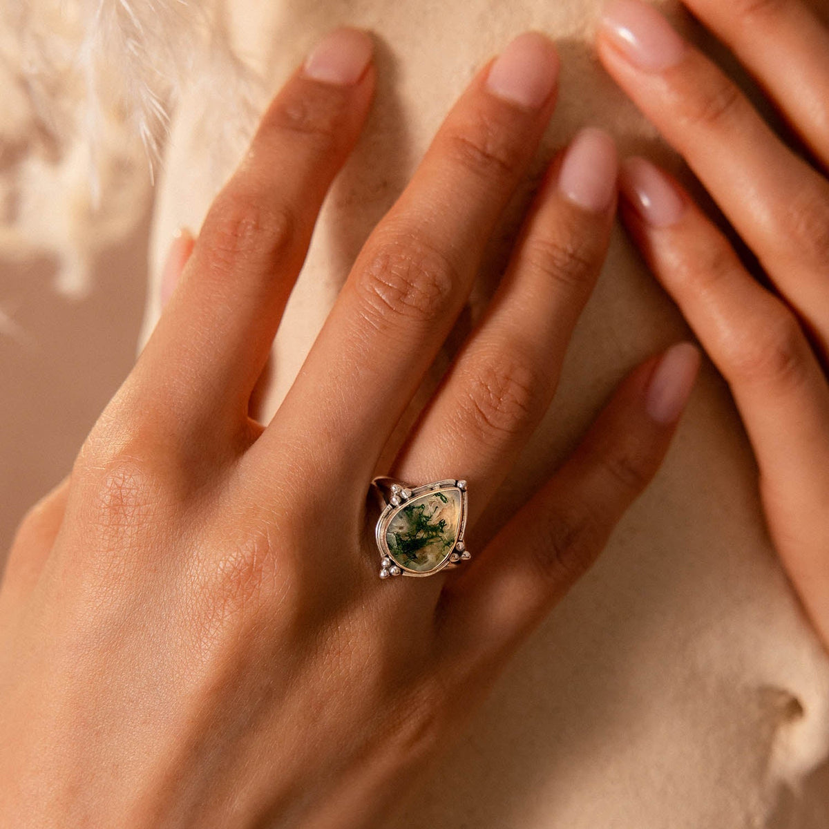 Teardrop Moss Agate Ring with Beaded Silver Split-Shank Setting