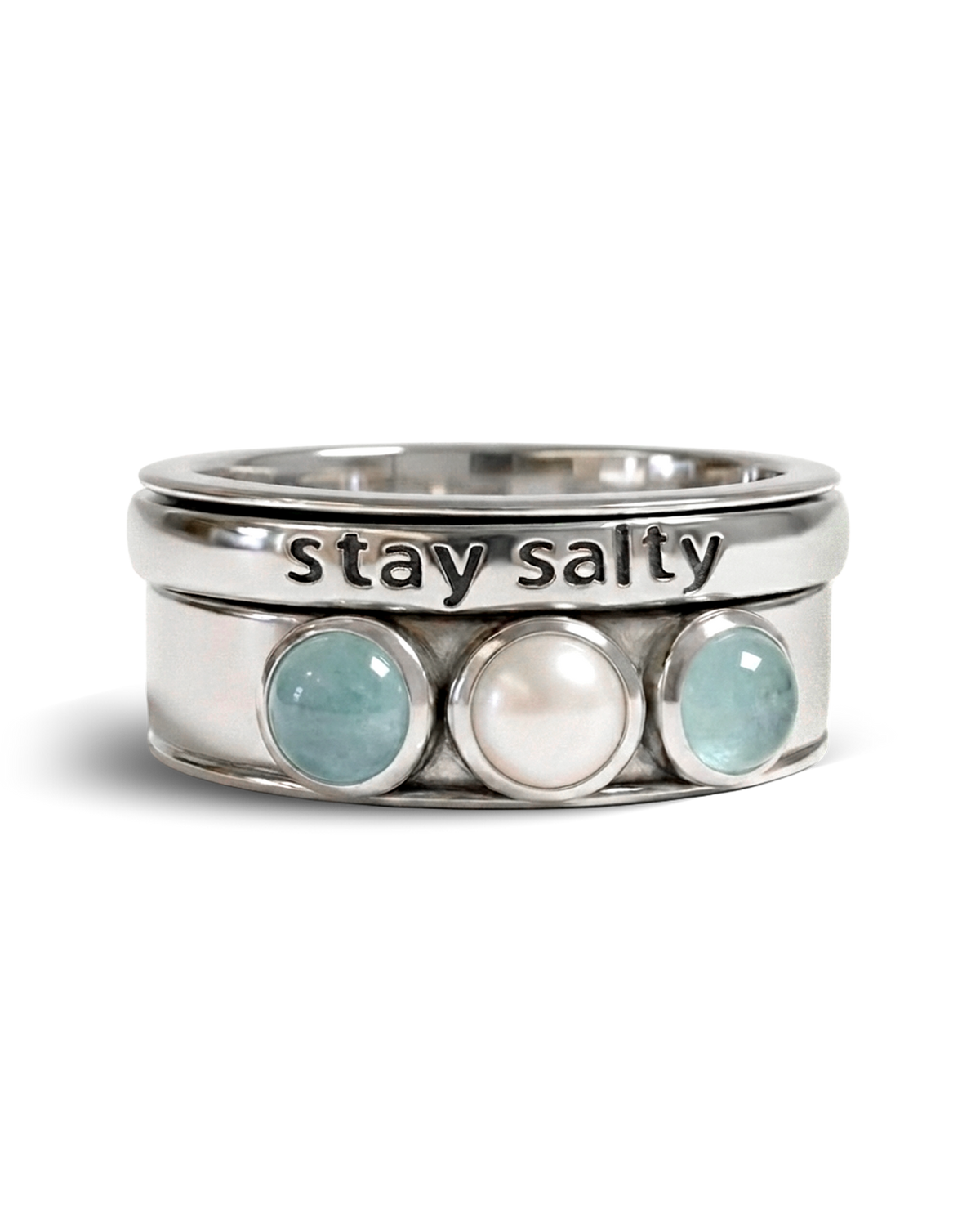 Pearl and Aquamarine Sterling Silver Spinner Ring with Stay Salty Engraving