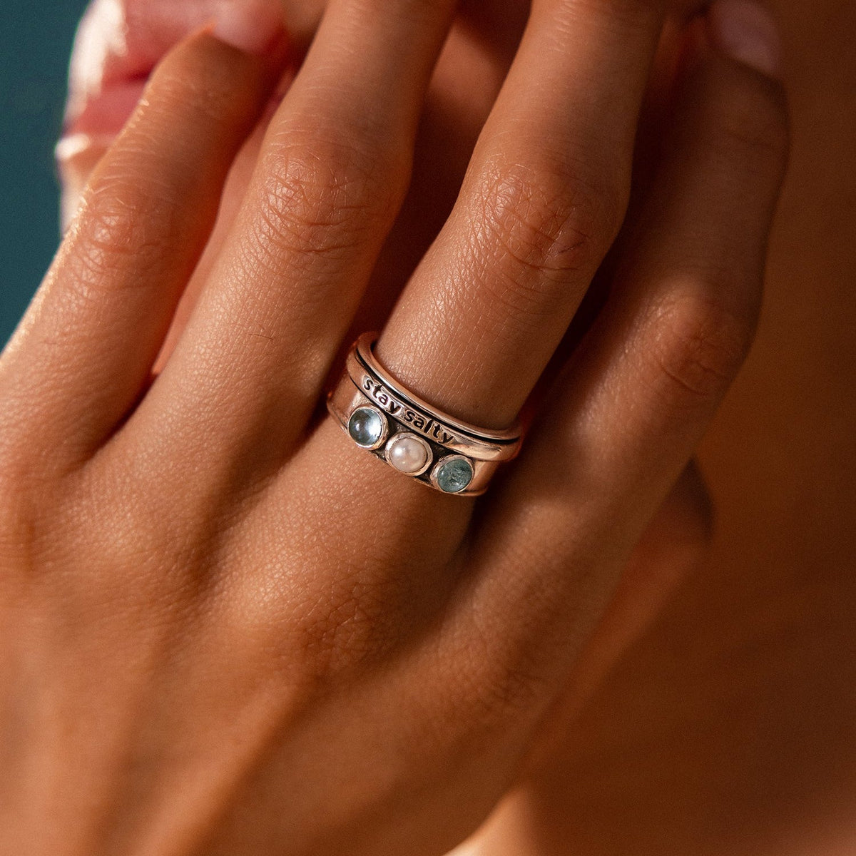 Pearl and Aquamarine Sterling Silver Spinner Ring with Stay Salty Engraving