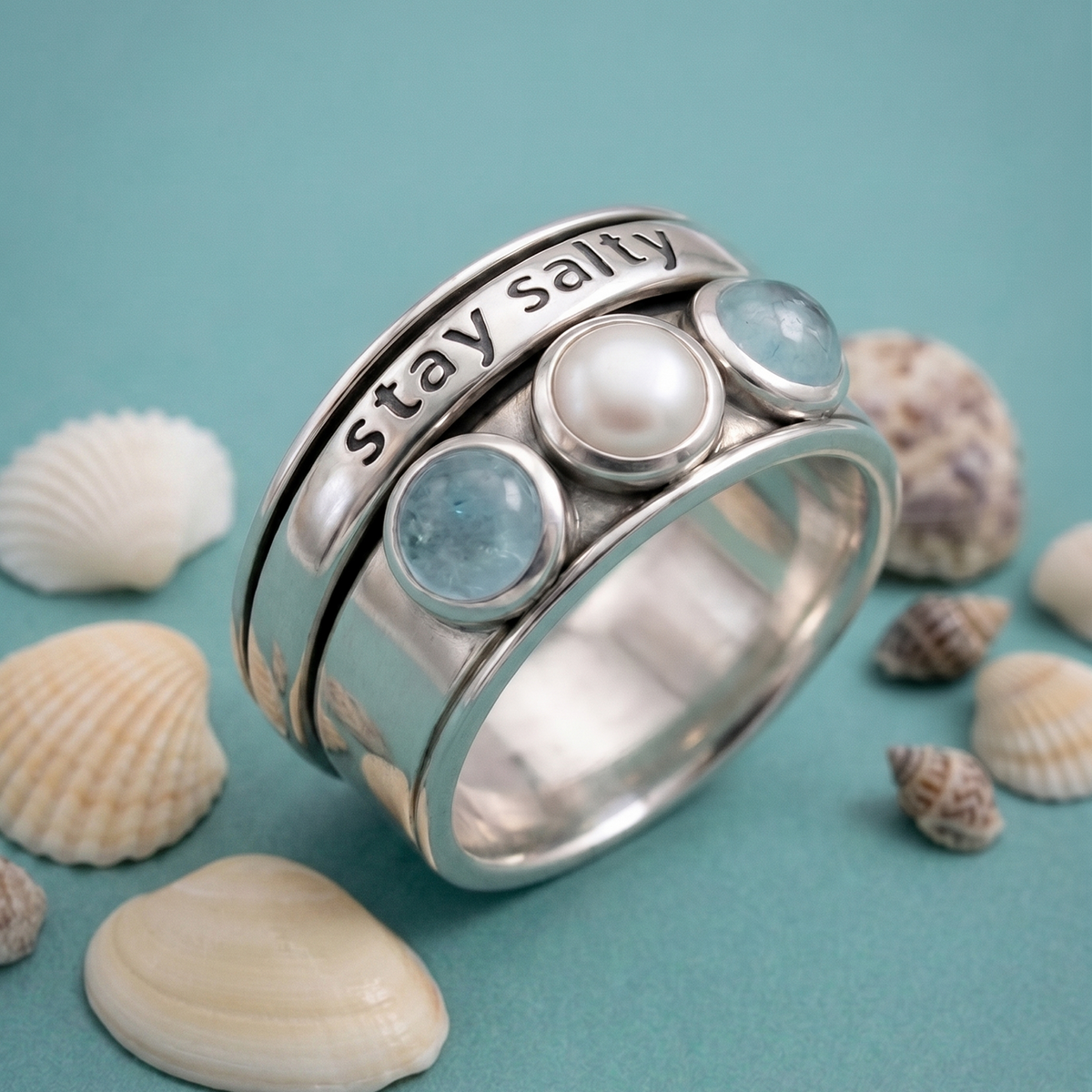 Pearl and Aquamarine Sterling Silver Spinner Ring with Stay Salty Engraving