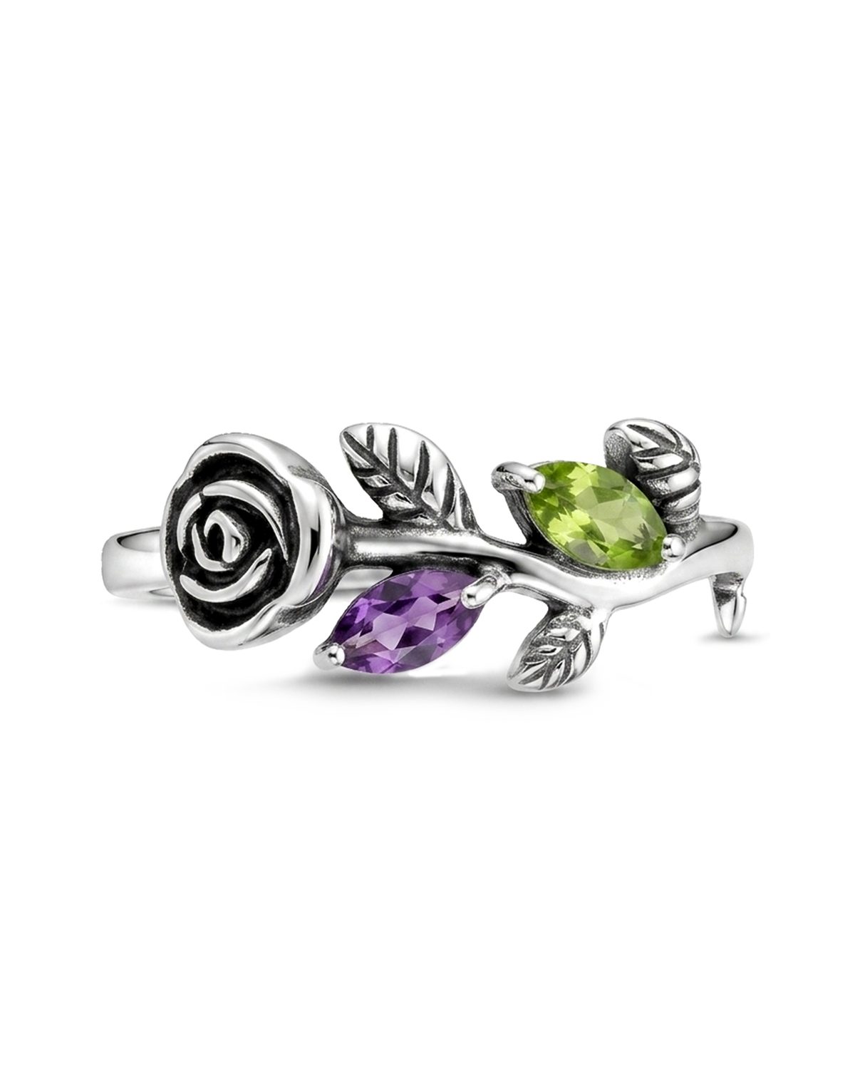 Rose Vine Amethyst Peridot Ring in Sterling Silver