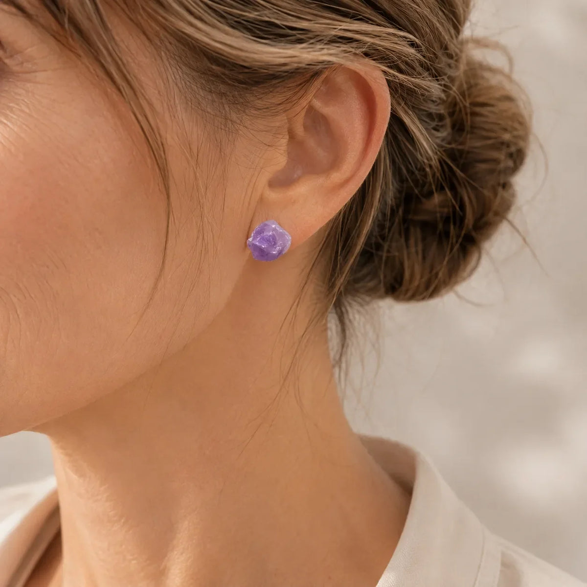 Raw Amethyst Crystal Stud Earrings with Silver-Tone Setting