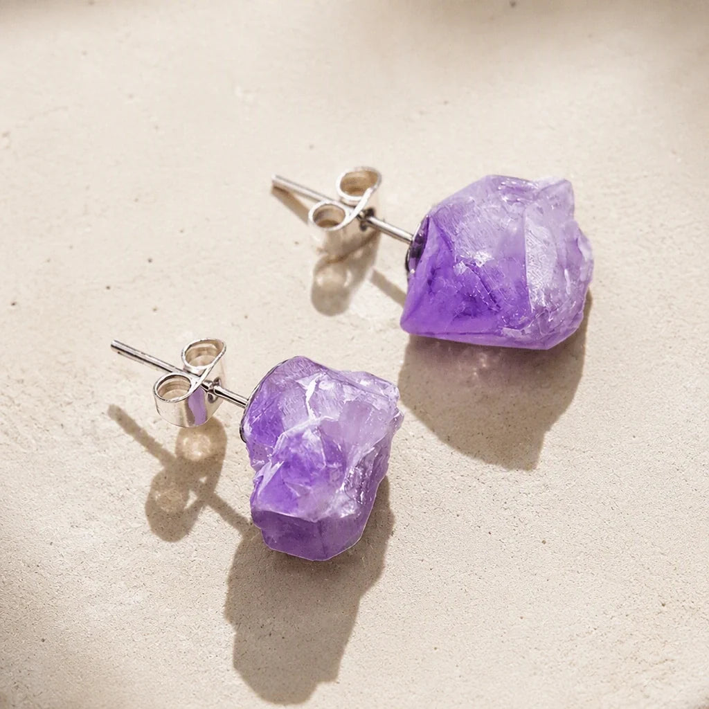 Raw Amethyst Crystal Stud Earrings with Silver-Tone Setting
