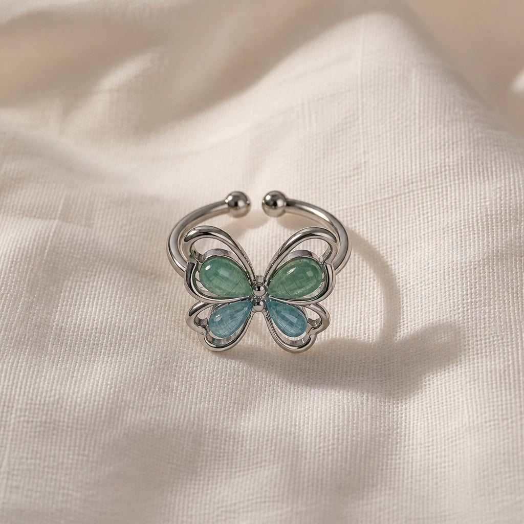Butterfly Ring with Green and Teal Faceted Stones, Adjustable Fit — view 2