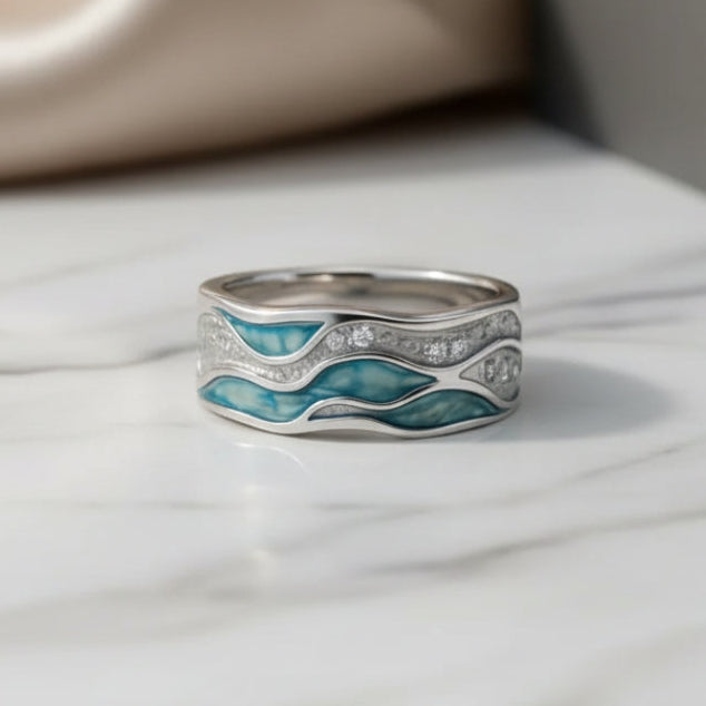 Turquoise Jewelry Set - Wave Ring, Leather Wrap Necklace and Silver-Tone Filigree Cuff - 3 Pieces