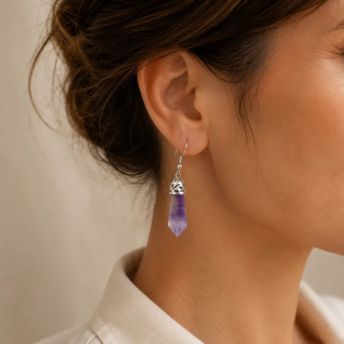 Pointed Amethyst Drop Earrings with Silver Filigree Cap
