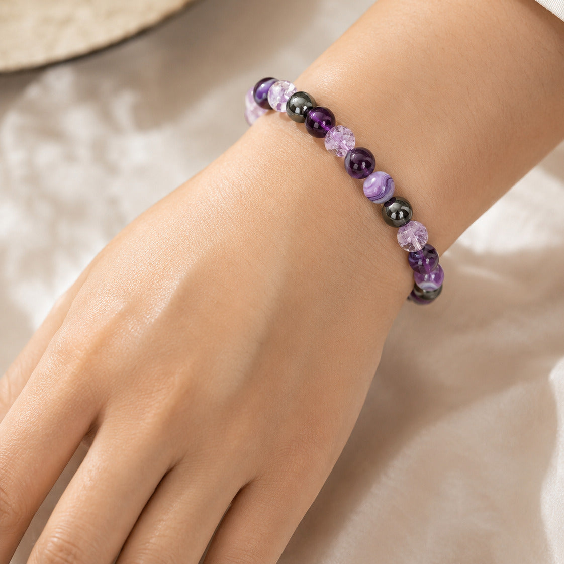 Amethyst Agate Beaded Bracelet with Hematite Spacer Accents