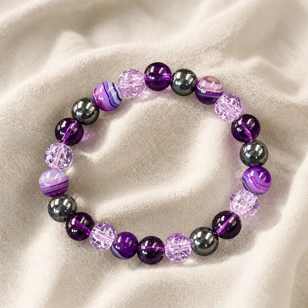 Amethyst Agate Beaded Bracelet with Hematite Spacer Accents