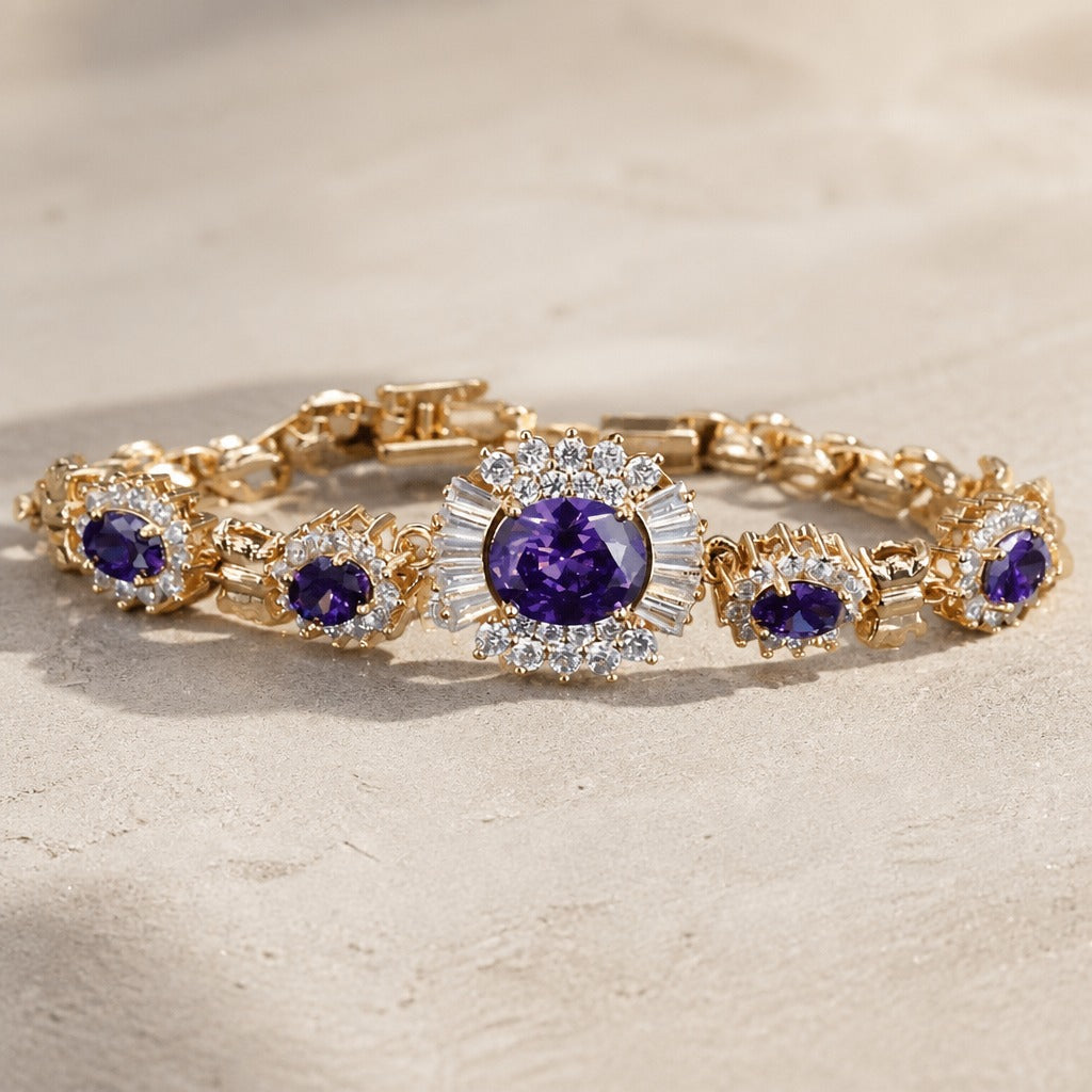 Amethyst Station Tennis Bracelet with Oval Center Stone and Halo Accents