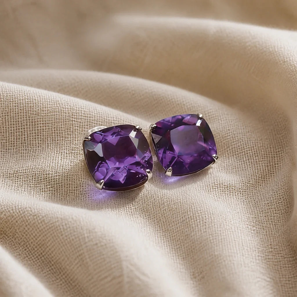 Checkerboard Cushion-Cut Amethyst Stud Earrings with Silver-Tone Prong Setting