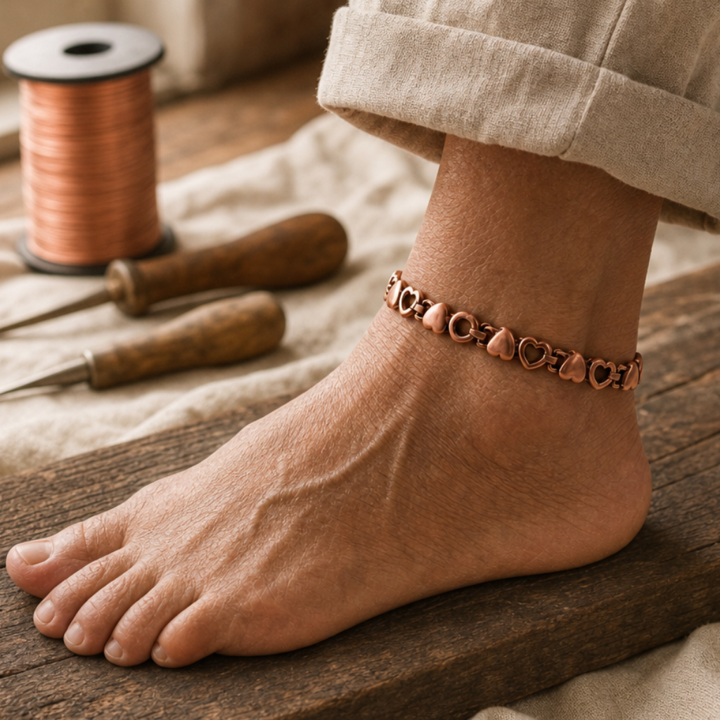 Ankle Bracelet Rose Copper 99.9% Pure Copper Heart and Teardrop Link Design — Adjustable Copper Anklet — main image