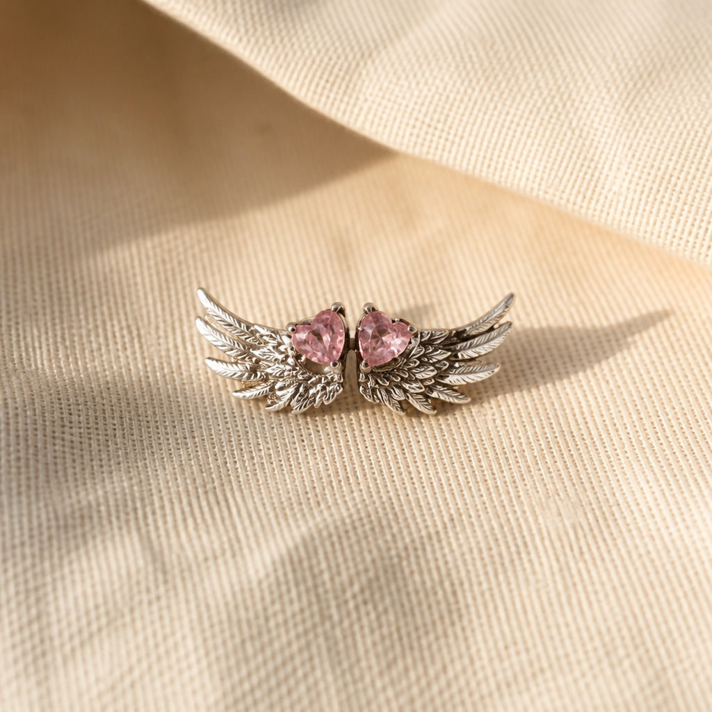Heart-Shaped Pink Stone Angel Wing Stud Earrings in Silver Tone — view 2