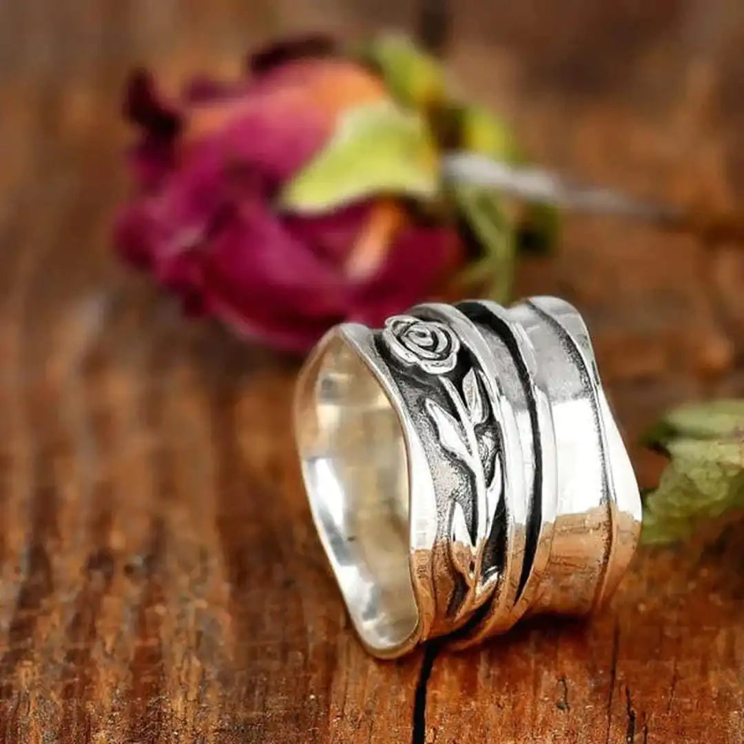 Rose Flower Oxidized Silver Ring with Wide Stacked Band — view 2