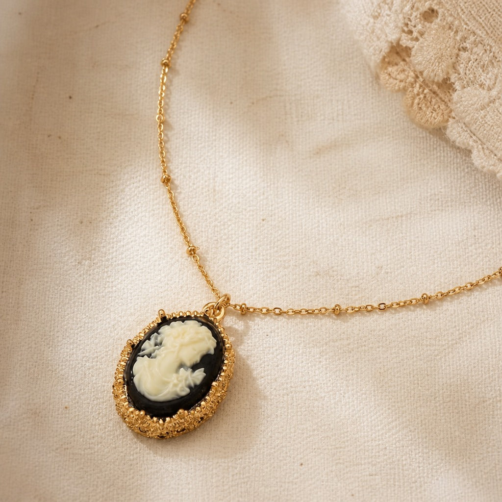 Oval Cameo Pendant Necklace with Textured Gold-Tone Frame — main image