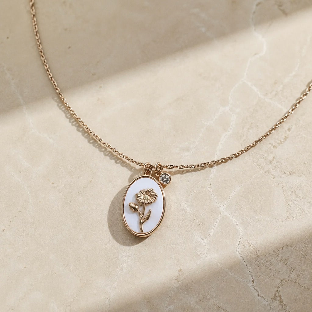 Oval Flower Pendant Necklace with Pearlescent Inlay and Birthstone Charm — view 5
