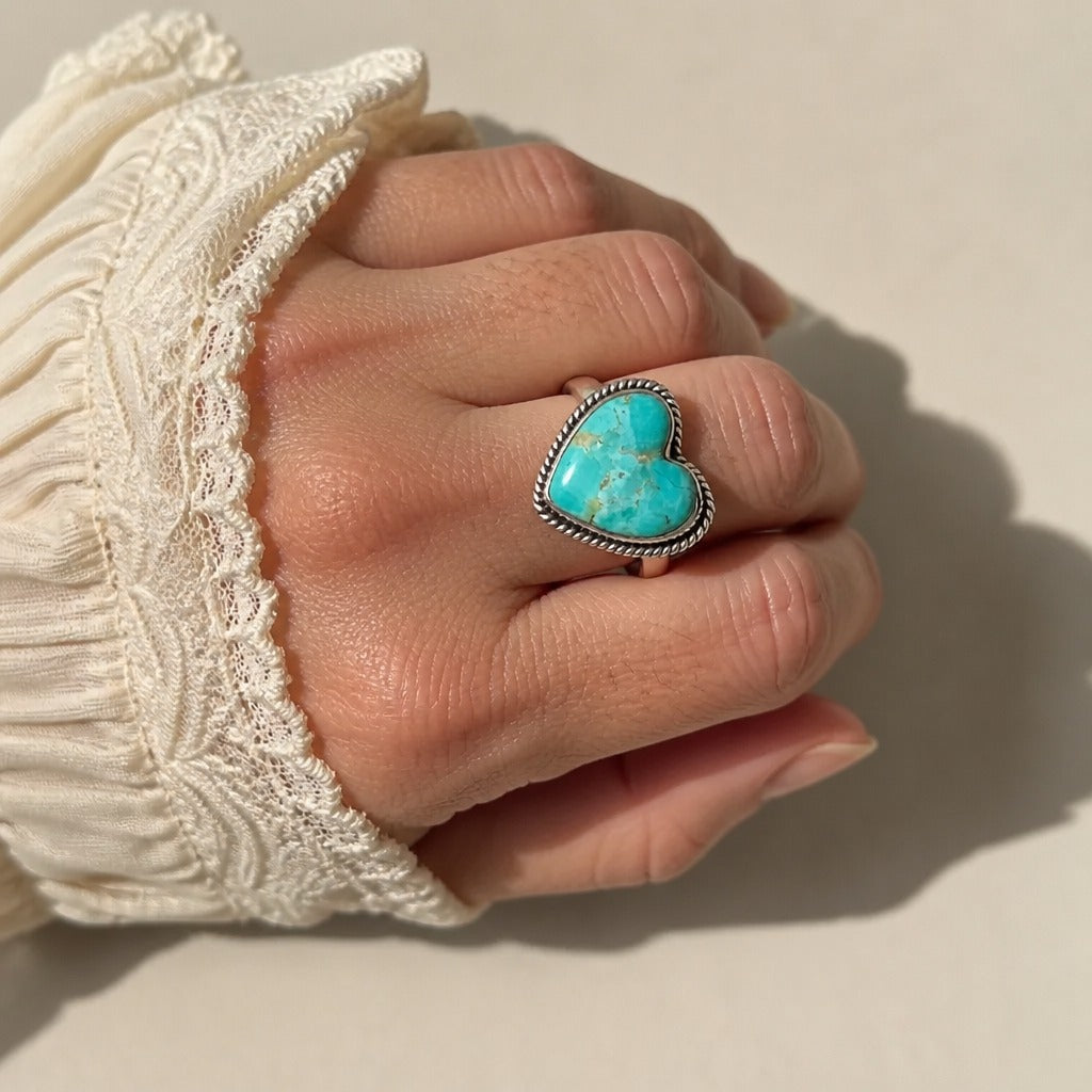 Heart-Shaped Turquoise Ring with Twisted Rope Bezel — view 2