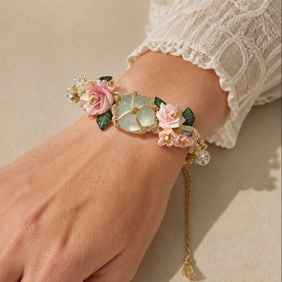 Pink Rose & Jade-Tone Stone Charm Bracelet on Woven Cord — view 2