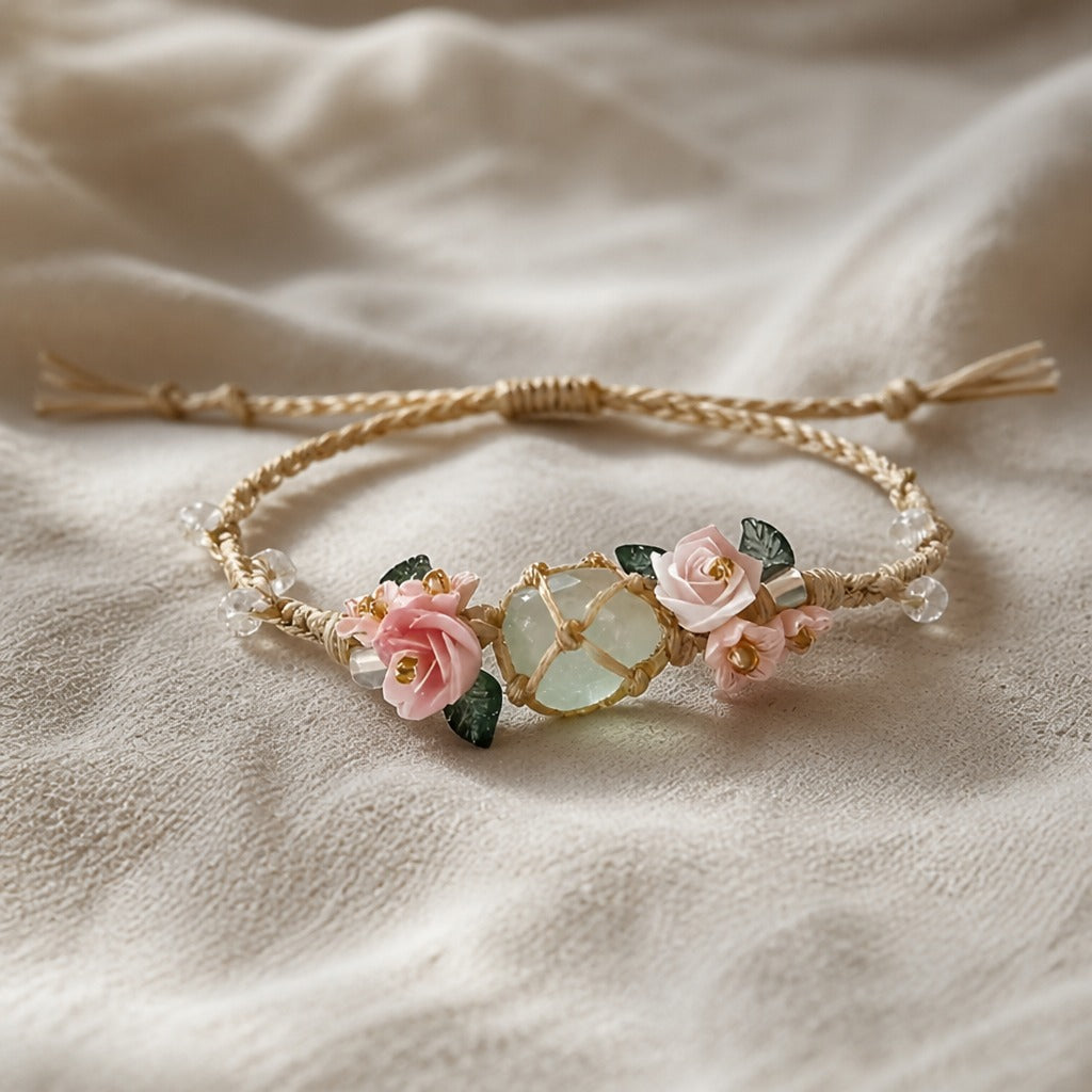 Pink Rose & Jade-Tone Stone Charm Bracelet on Woven Cord — main image
