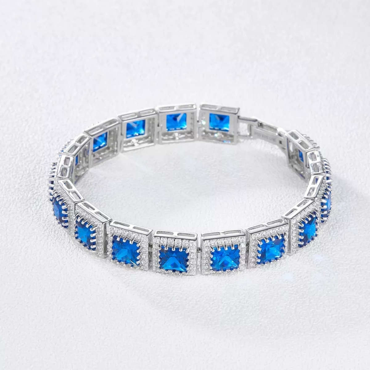 Square-Cut Blue Crystal Tennis Bracelet with Pavé Accents and Box Clasp — view 3