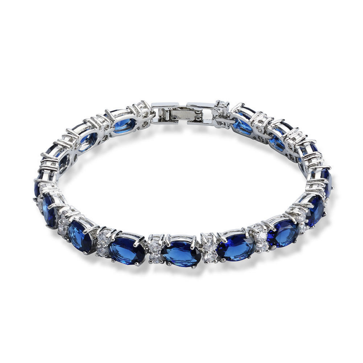 Oval Blue Cubic Zirconia Tennis Bracelet with Silver-Tone Box Clasp — main image