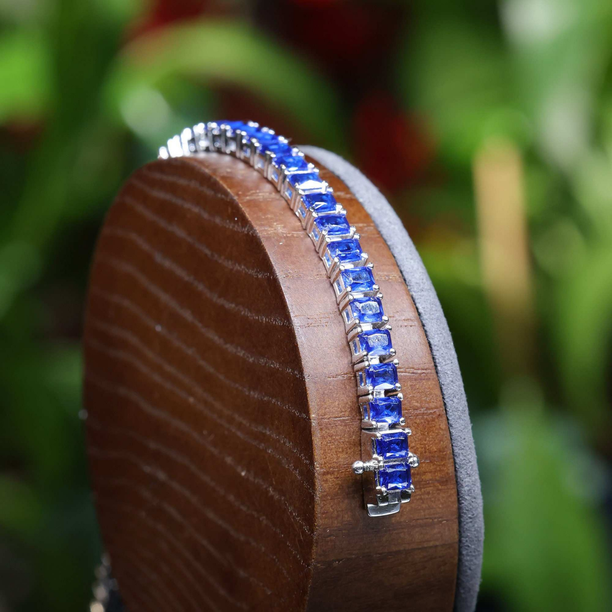 Square-Cut Blue Sapphire Tennis Bracelet, Silver-Tone — view 2