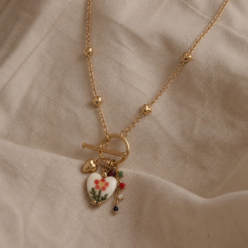 Floral Heart Ceramic Pendant Necklace with Gold-Tone Toggle Closure — view 2