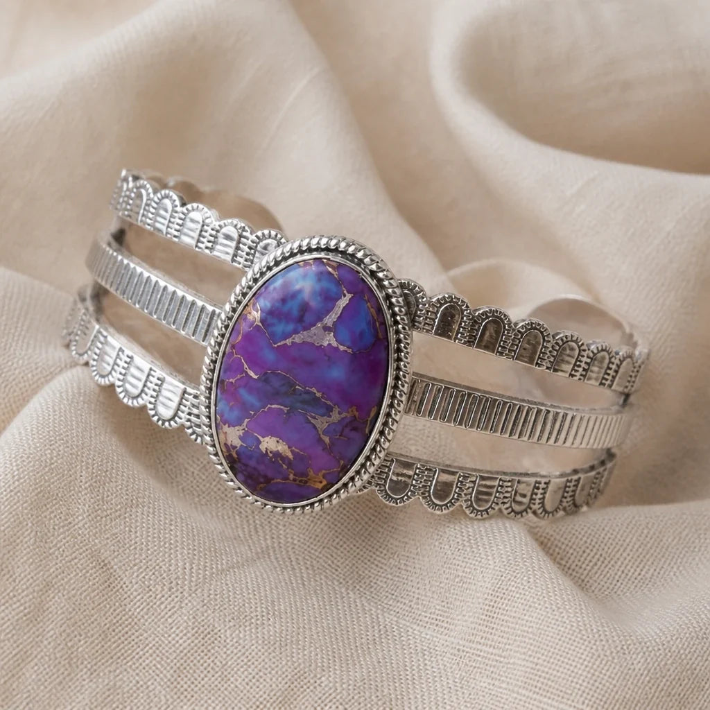 Oval Purple Turquoise Cuff Bracelet with Scalloped Silver-Tone Detail