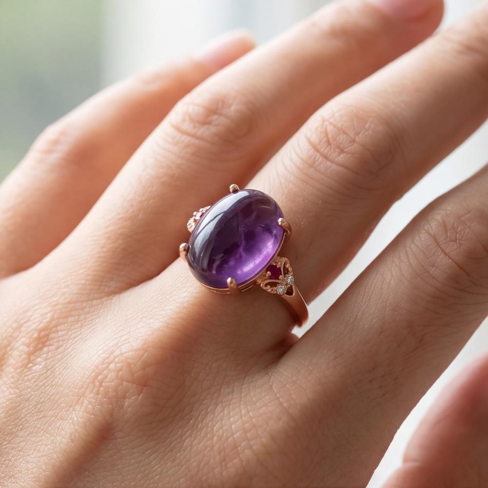 Amethyst Cabochon Cocktail Ring with Ruby and Diamond Accents in Rose Gold Tone
