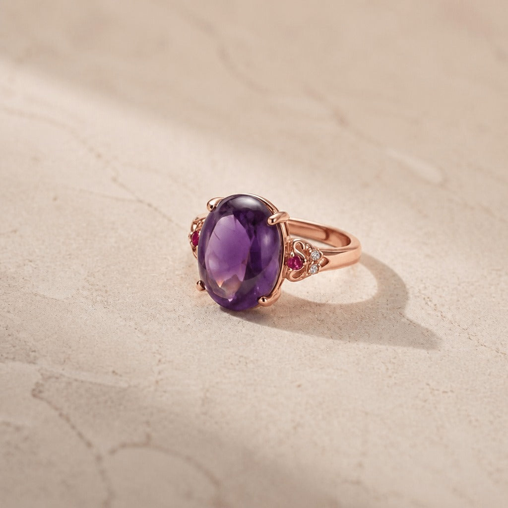 Amethyst Cabochon Cocktail Ring with Ruby and Diamond Accents in Rose Gold Tone