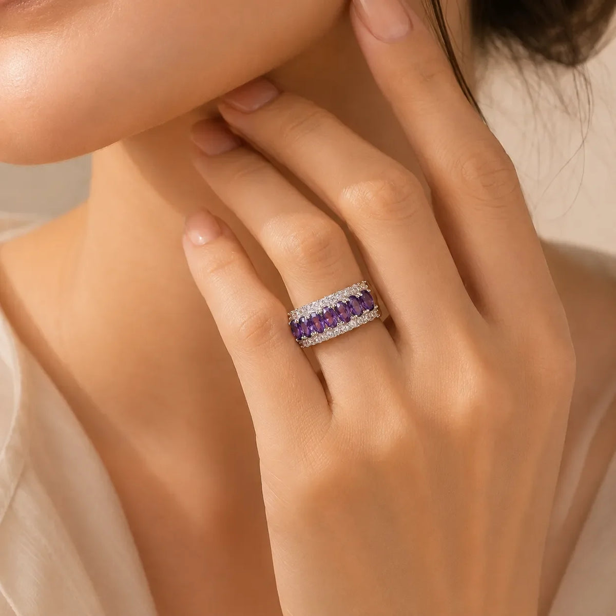 Bohemian Oval Amethyst Ring with Cubic Zirconia Accents