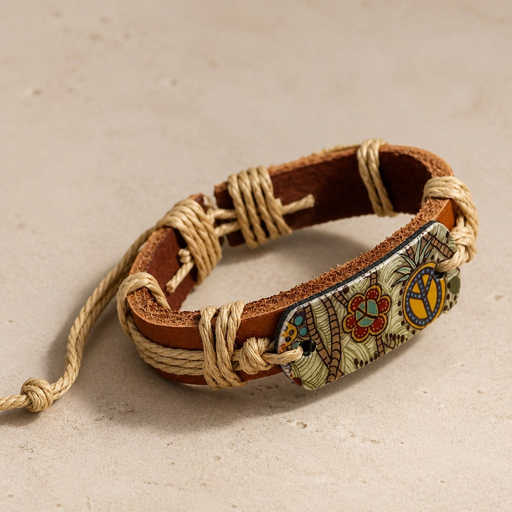 Mandala Ceramic Inlay Braided Leather & Rope Bracelet — main image