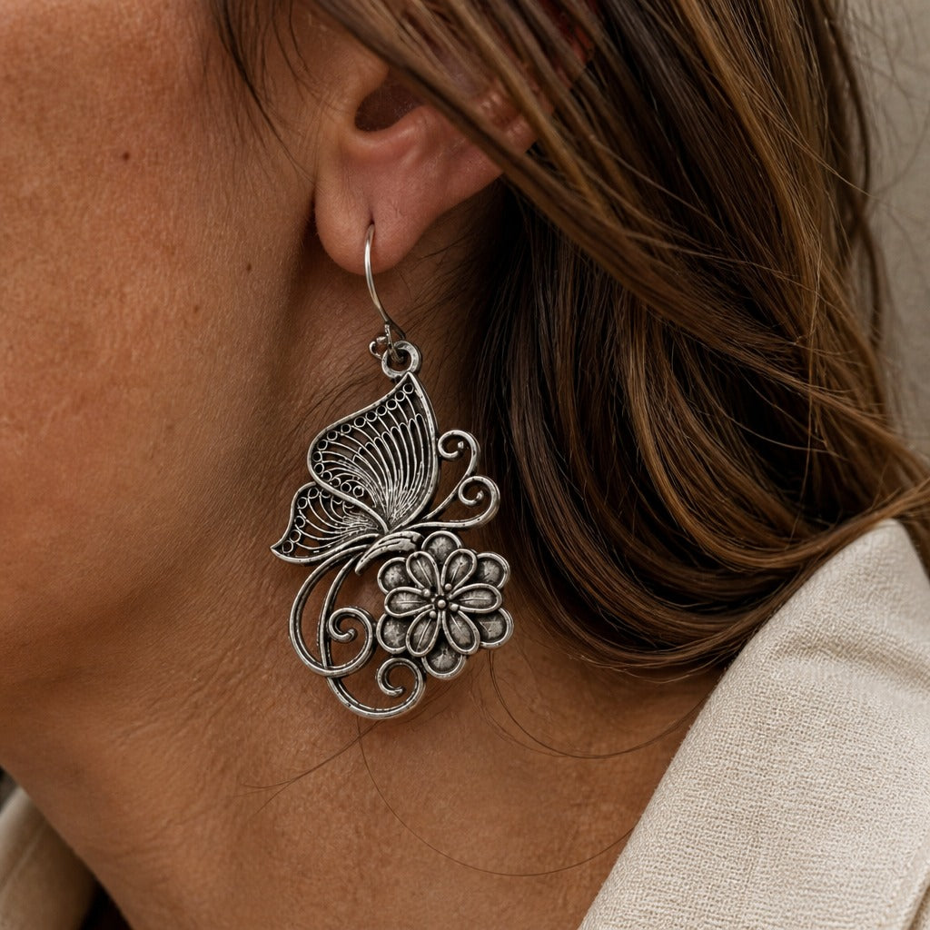 Butterfly & Flower Drop Earrings with Antique Silver Filigree — main image