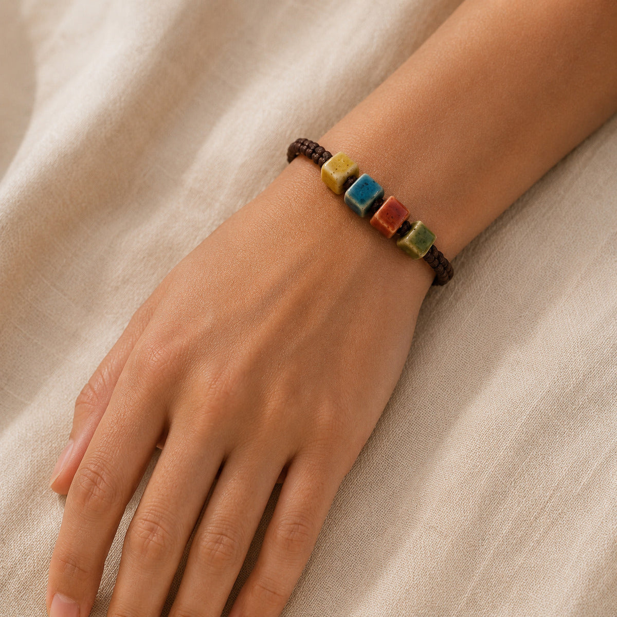 Multi-Color Geometric Stone Bead Bracelet with Adjustable Drawstring — main image