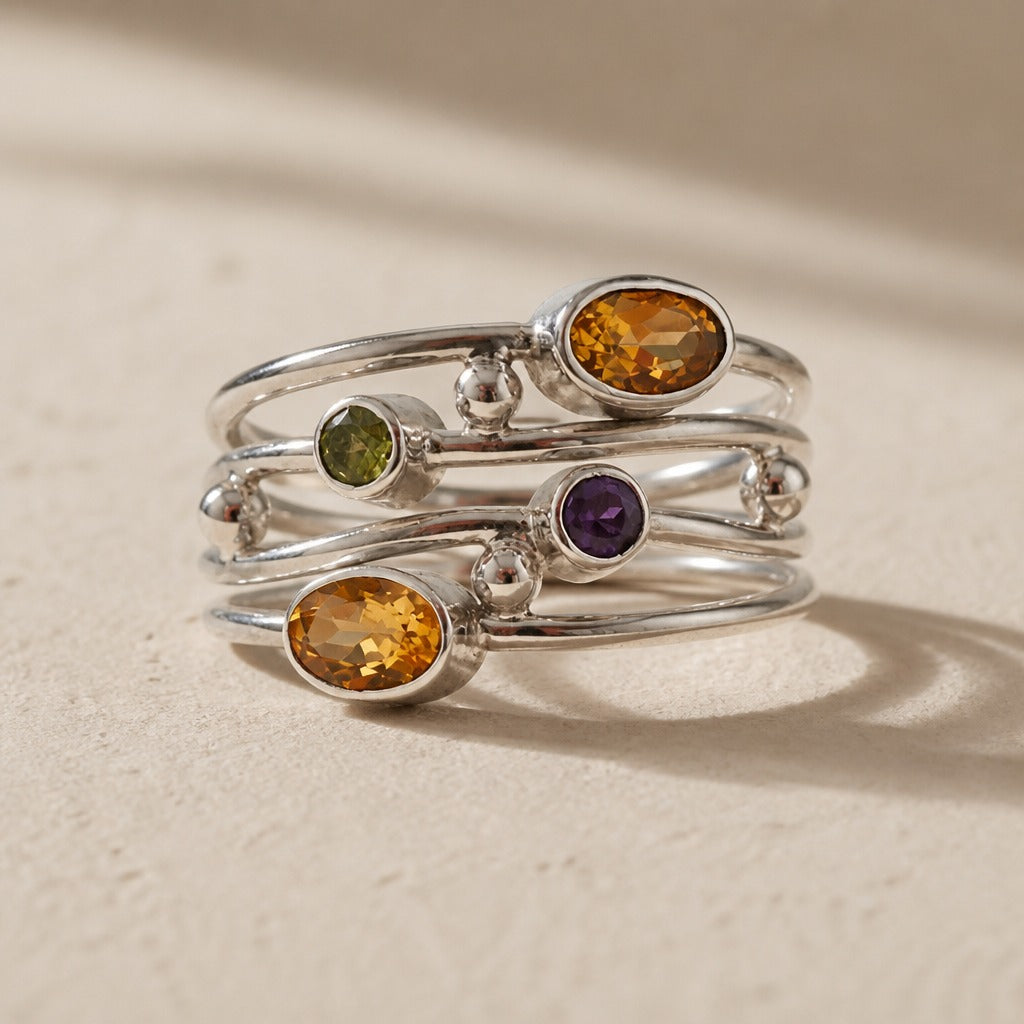 Multi-Gemstone Wire-Wrap Ring with Stacked Silver-Tone Band — main image