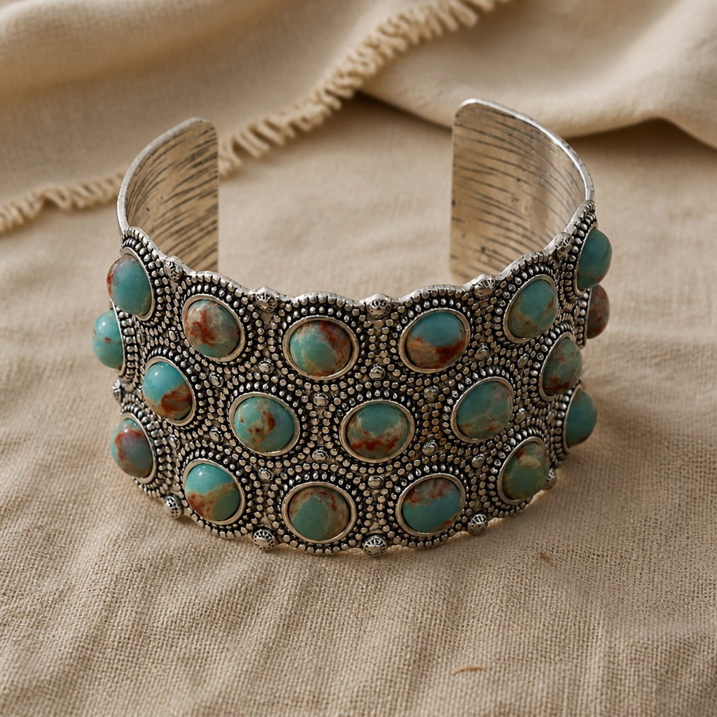 Turquoise Cabochon Cuff Bracelet with Beaded Silver-Tone Detail — main image