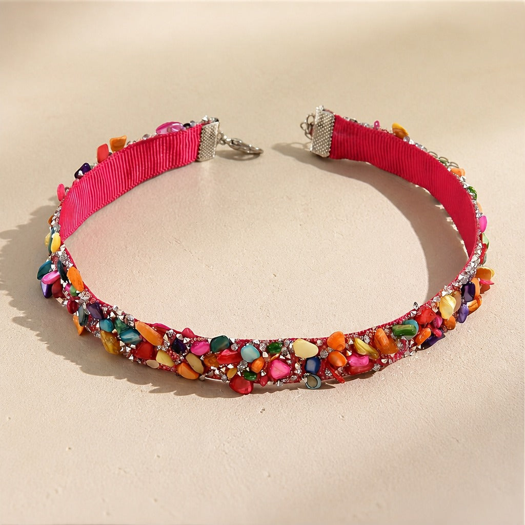 Multi-Color Crushed Stone Boho Choker Necklace with Adjustable Clasp — main image