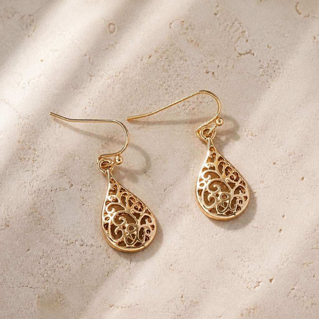 Filigree Teardrop Drop Earrings with Gold-Tone Finish — main image